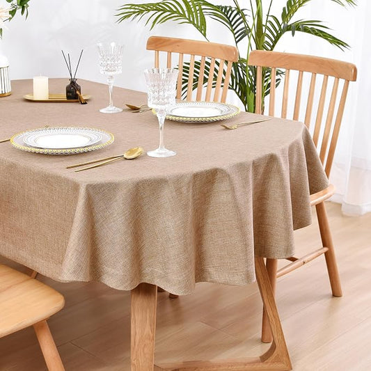 Wolkemer Faux Linen Oval Tablecloth Heavy Duty Wrinkle Resistant Fabric Table Cloths 60 x 84 Inch Flaxen Farmhouse Rustic Table Cover for Kitchen Dining Indoor Outdoor Tabletop Decoration