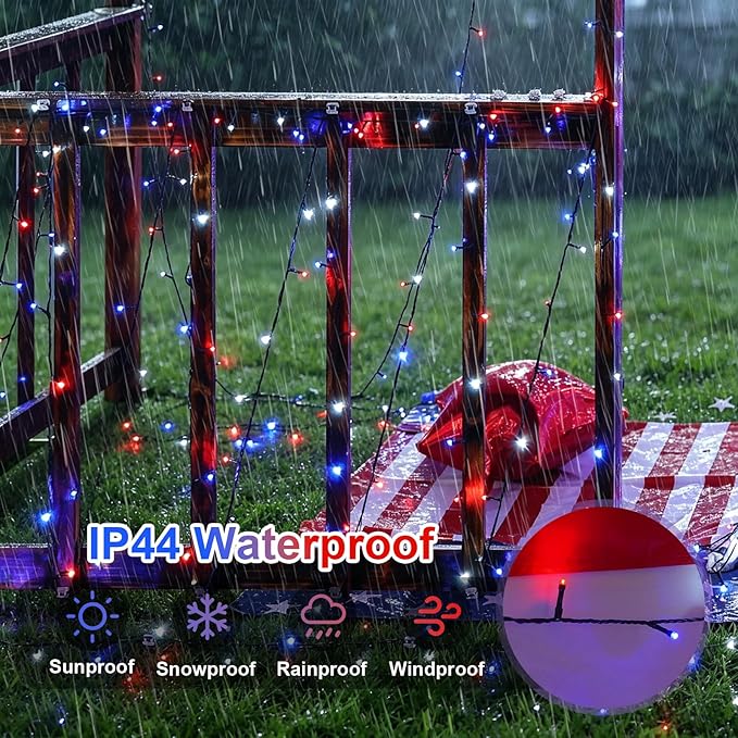 QITONG 500 LED Red White and Blue String Lights, 165ft 4th of July Decorations Lights Plug in Outdoor Indoor, 8 Modes Patriotic Light Green Wire for Independence Memorial Day Décor