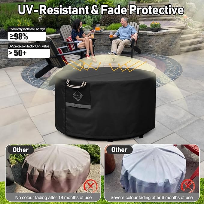 QH.HOME Fire Pit Cover Round Super Waterproof, 40inch Outdoor Round Firepit Cover 600D Strong Tear Resistant, UPF 50+ Fire Pit Covers Premium Fading Resistant for Outdoor Fire Pit - Black