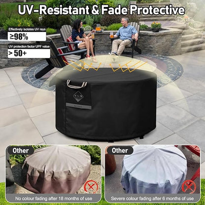 QH.HOME Fire Pit Cover Round Super Waterproof, 40inch Outdoor Round Firepit Cover 600D Strong Tear Resistant, UPF 50+ Fire Pit Covers Premium Fading Resistant for Outdoor Fire Pit - Black