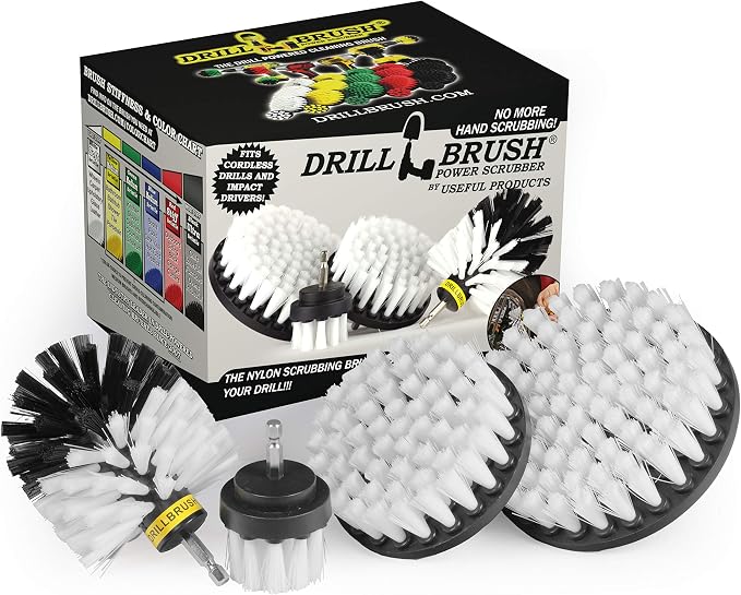 White Soft Interior Car Detailing Drill Brush Set - Nylon Auto Scrubber | Soft Bristle Power Scrubber Attachments for Cleaning Car, Truck, Upholstery, Carpet, Leather, Seats, Wheels, Rims & Trim
