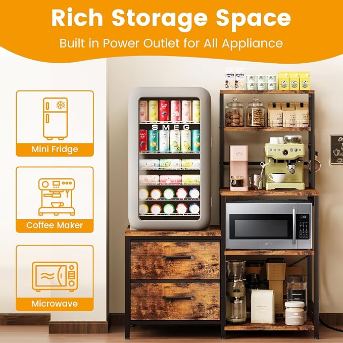 Homeiju Mini Fridge Stand Coffee Bar Cabinet with Power Outlet | Baker Rack with 5 Storage Shelves and 2 Large Drawers, Mini Fridge Shelf for Kitchen, Living Room, Office, Rustic Brown