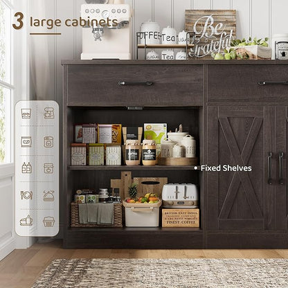 HOSTACK 71" Large Sideboard Buffet Cabinet with Storage, Farmhouse Coffee Bar Cabinet with 3 Drawers, Long Kitchen Buffet Table, Kitchen Sideboard Storage Cabinet for Dining, Living Room, Dark Brown