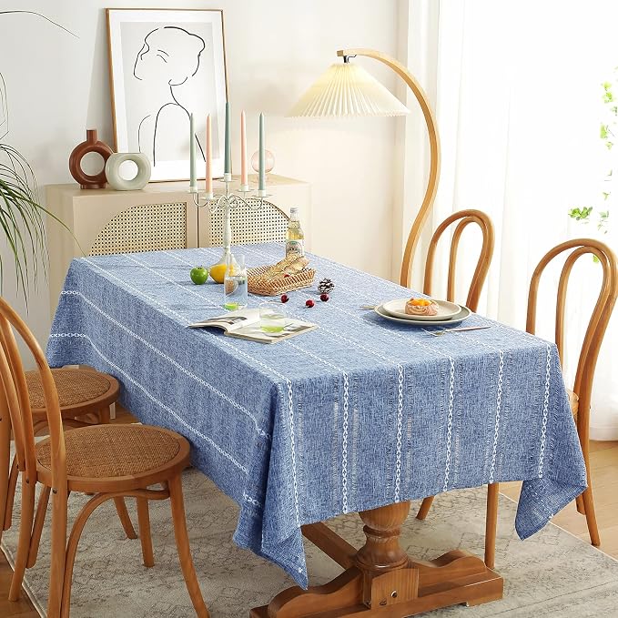 Chassic 60 x 104 inches Farmhouse Style Linen tablecloths, Wrinkle Resistant Washable Dining Room Table Cloths for 6 Foot Rectangle Tables - Hemstitch Blue
