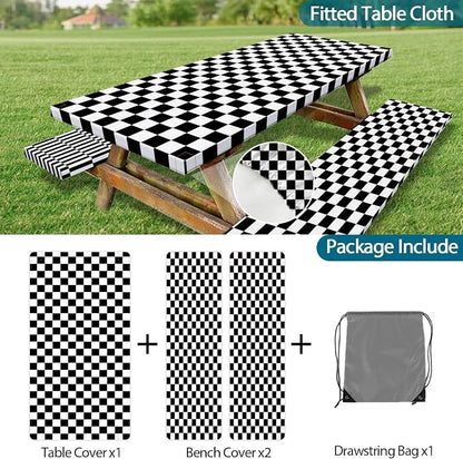 Picnic Table Cover with Bench Covers and Bag, Black and White Checkered Buffalo Plaid Camping Tablecloth Waterproof Windproof Elastic Edges Fitted Gingham Tablecloth for Outdoor Garden 3PCS 30x60 Inch