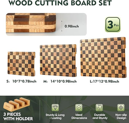 3 Pack Checkered Wood Cutting Board Set Cutting Boards for Kitchen Non Slip Acacia Wood Chopping Board with Juice Grooves & Handles Wooden Chopping Board Butcher Block End Grain