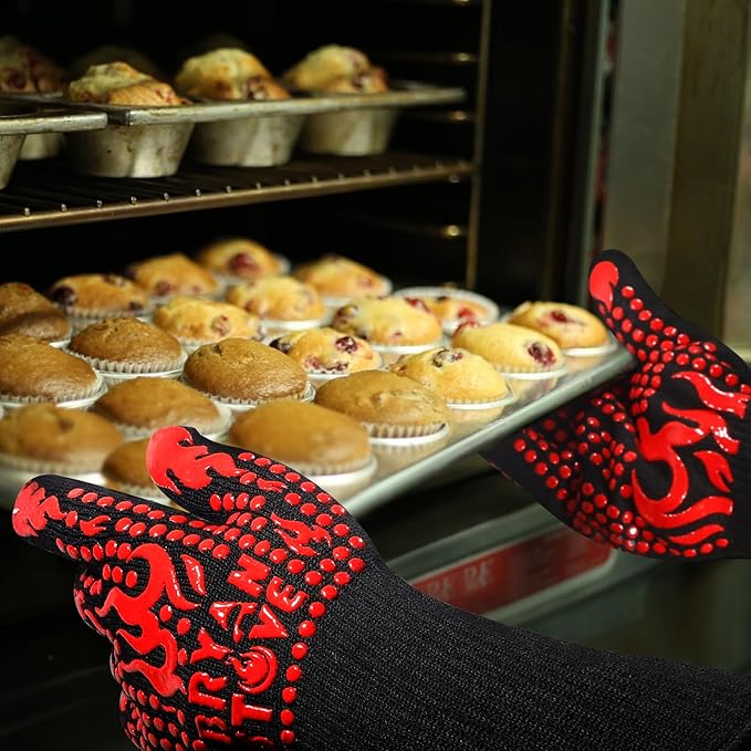 BBQ Gloves - Ideal for Outdoor Grill Gloves- Cooking Glove Heat Resistant up to 1472℉ Grilling Glove Extended Wrist for Additional Safety, Oven Glove/Kitchen Gloves for Oven- Women/Men Dad for Gifts
