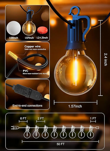 Outdoor String Lights, 50FT 25 LED Bulbs String Lights, IP65 Waterproof Connectable G40 Outside Patio Light for Backyard Porch Balcony Garden Decor Christmas Camping Gazebo