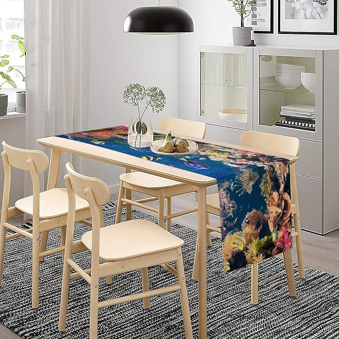 Blue Underwater World Table Runner, Summer Ocean Fish Under The Sea Tropical Turtle Shark Pattern Dinner Runner for Home Kitchen Dining Table Decor Fabric 1 Panel 13x36in