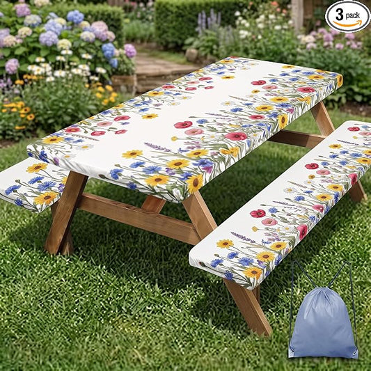 Picnic Table Cover with Bench Covers, Wildflower, 72 Inch, 3PCS | Waterproof fitted tablecloth with elastic edges for outdoor camper camping essentials with drawstring bag