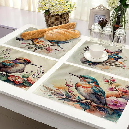Watercolor Painting Birds Table Mats Set of 4 Spring Topical Flowers Placemats Waterproof Heat Resistant Washable Non-Slip Place Mats for Dinner Room Kitchen Decor Table 12”×16”(Brown, 12”×16”)