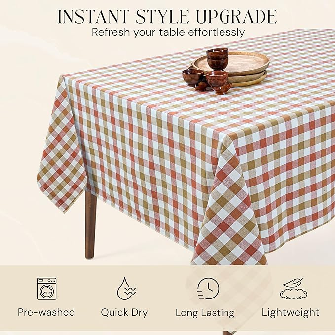 Gingham Check Tablecloth, 60x102 Inches, Reusable Farmhouse Dining Table Cover, 100% Cotton, Washable Table Linen for Thanksgiving, Fall Gatherings, Rust Tan and Natural Plaid