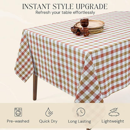 Gingham Check Tablecloth, 52x70 Inches, Reusable Farmhouse Dining Table Cover, 100% Cotton, Washable Table Linen for Thanksgiving, Fall Gatherings, Rust Tan and Natural Plaid