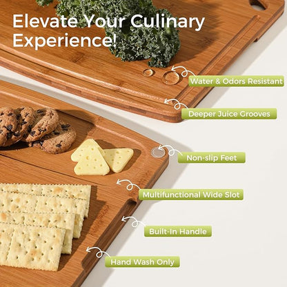 3-Piece Carbonized Bamboo Cutting Board Set with Wood Storage Stand, 15.4" Large Wooden Chopping Boards for Kitchen, Non Toxic Pre-Oiled Charcuterie Serving Tray, Kitchen Gifts