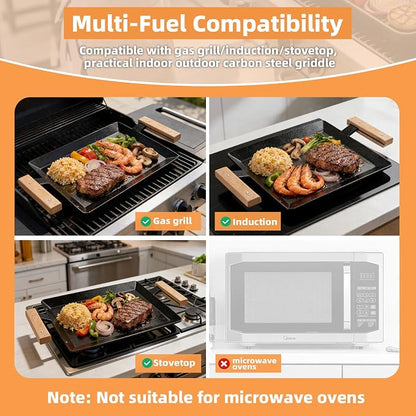 17 Inch Pre-Seasoned Carbon Steel Griddle for Stoves and BBQ Grills | Universal Flat Top Grill Plate with Anti-Scald Wood Handle, for Double Burner, Induction, Gas and Charcoal Grills