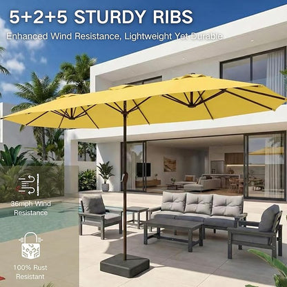 Kingdura 15ft Large Patio Umbrella with Base Included, Double-Sided Rectangle Outdoor Table Umbrella with 12 Reinforced Ribs, Crank Lift for Market Pool Deck Backyard, Yellow