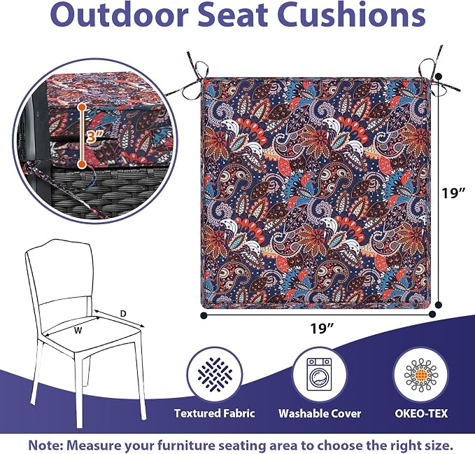 IPYNBAP Outdoor Chair Cushions Set of 4 -Waterproof Outdoor Seat Cushions for Patio Furniture, Patio Chair Cushion with Handle and Ties, Out Door Chair Pads,19x19x3-Square, Artistic Floral