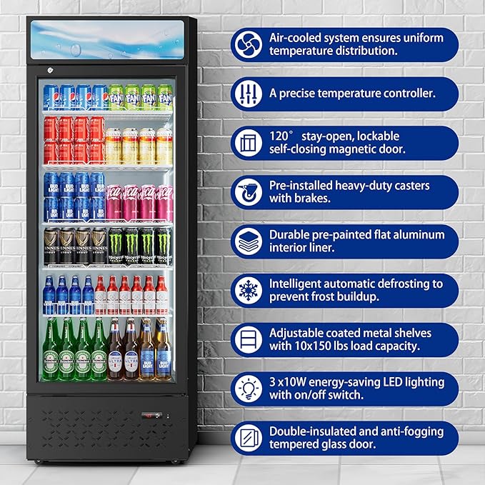 Beverage Cooler Commercial Refrigerator 15.2 Cu.Ft. Glass Door Display Refrigerator with LED Light, 5 Shelves, Display Commercial Beverage Refrigeratorfor Restaurant Cafe Bar Store (15.2 Cu.Ft.)
