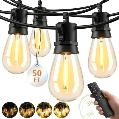 Outdoor String Lights LED Patio-Light - 50Ft Outside Waterproof Dimmable Porch Lights with Remote Shatterproof S14 Bulbs Outside Hanging Light Connectable Lighting for Gazebo Backyard Bistro Pergola