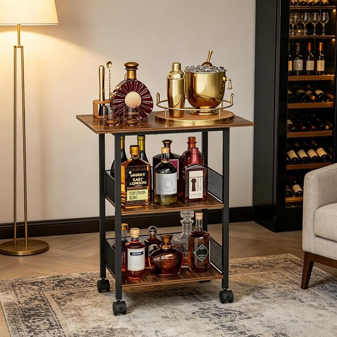 Bar Cart, Mobile 3-Tier Serving Cart with Lockable Wheels, Freestanding Wine Rack & Liquor Cabinet for Kitchen, Dining Room, Home Bar in Black