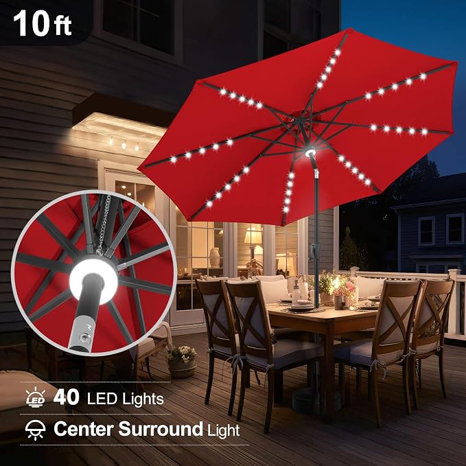 FLAME&SHADE Solar Patio Umbrella with Centre Light, 10 FT Red | UV Protection, Small Solar Outdoor Umbrella for Porch, Deck, Backyard, Garden, Provides Evening Lighting, 40 LED Lights