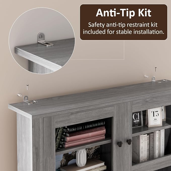 IDEALHOUSE 63" Kitchen Pantry Cabinet with Drawers, Hutch Cabinet with Storage, Microwave Stand, Adjustable Shelves, Freestanding Tall Pantry Storage for Dining Room, Living Room, Grey