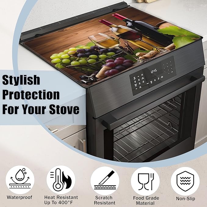 Wine Glasses Glass Top Stove Cover Protector,Farmhouse Grape Wine Bottle Stove Top Covers for Electric Stove,Washable Heat Resistant Cooktop Mat Anti-Slip Range Covers, 28 x 20 Inch