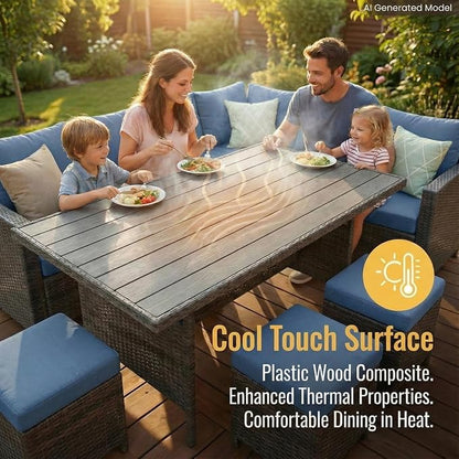 Wisteria Lane 7 Piece Patio Furniture Set, Patio Sectional for All Weather | High Curved Back Outdoor Furniture Dining Set, Wicker Patio Sofa, Patio Conversation Sets with Ottoman for Deck, Porch, Blue