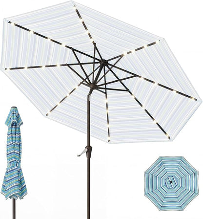 9FT Patio Umbrella with Solar Lights,Outdoor Market Umbrella with Tilt and Crank, LED Lighted Table Umbrella for Garden,Deck,Backyard,Pool,Beach (Blue Green Stripes)