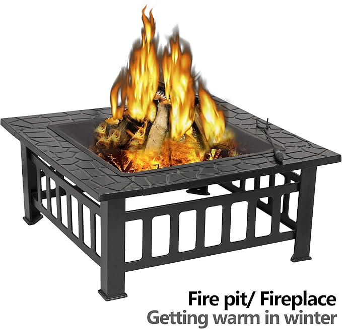 HomGarden 32" Fire Pit Outdoor Patio Square Metal Heater Deck Firepit Backyard Garden Home Stove Burning Fireplace w/Spark Screen,Poker,Cover,Grill