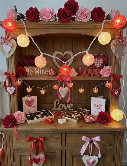Red Pink and White Cotton Ball String Lights, 8.5Ft Valentine's Day Plug in Fairy Lights with 10 LED Colored Cotton Ball Bulbs, Hanging Globe Cozy Lighting for Girls Bedroom Party Birthday Home Decor