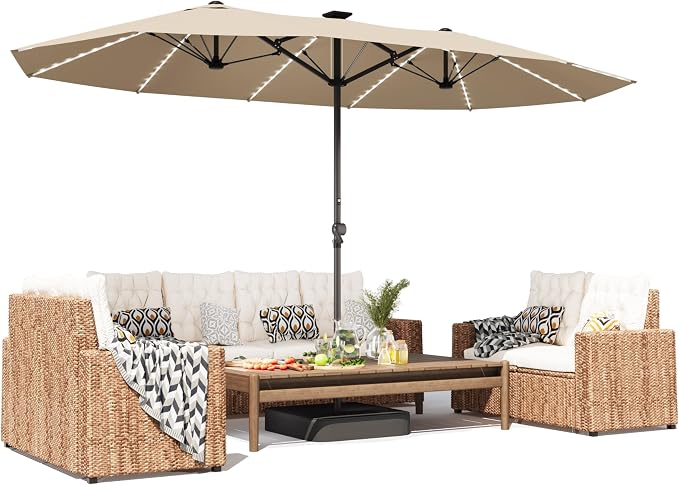 GDPFN 15ft Large Patio Umbrella with Solar Lights, Outdoor Double-Side Rectangular Umbrella with Base Included, Backyard Pool Umbrella with LED Light for Deck, Outside, Market, Beige