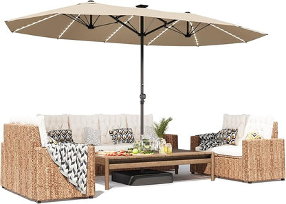 GDPFN 15ft Large Patio Umbrella with Solar Lights, Outdoor Double-Side Rectangular Umbrella with Base Included, Backyard Pool Umbrella with LED Light for Deck, Outside, Market, Beige