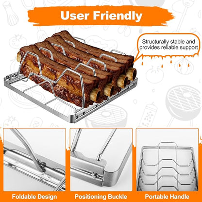 Rib Rack for Smoking and Grilling, Smoking-holds Up to 4 Full Racks of Ribs for Standing Rib Roast, Stainless Steel Meat Resting Rack for Outdoor Grill Camping Picnics Barbecue Grills and Smokers