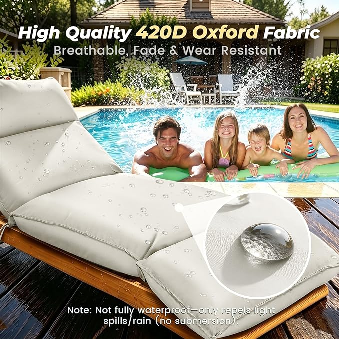 Outdoor Chaise Lounge Chair Cushion, Waterproof Non-Slip Patio Chaise Lounge Cushions for Outdoor Furniture, 72 x 21 x 5 Inches, Beige
