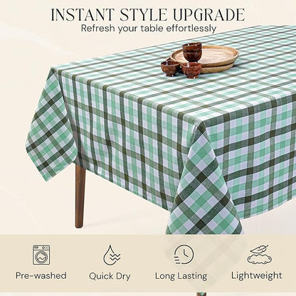 Gingham Check Tablecloth, 60x102 Inches, Everyday Plaid Dining Table Cover, 100% Cotton, Washable, Reusable Farmhouse Table Linen for Holiday Décor, Mint Green Aqua Green and White