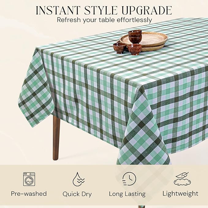 Gingham Check Tablecloth, 52x70 Inches, Everyday Plaid Dining Table Cover, 100% Cotton, Washable, Reusable Farmhouse Table Linen for Holiday Décor, Mint Green Aqua Green and White