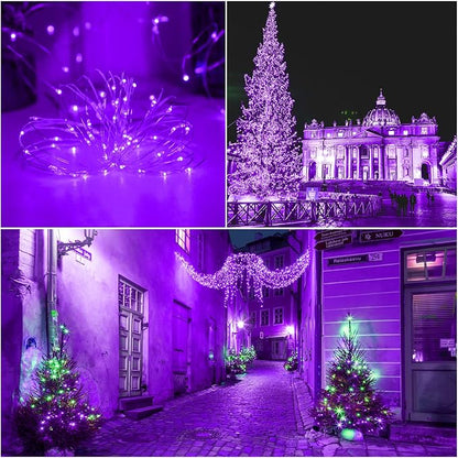 Solar Christmas Halloween String Lights Purple Outdoor Waterproof 2Pack Total 200Led 8 Modes Copper String Lights Fairy Lights for Valentine's Day Garden, Patio, Fence, Balcony, Outdoors