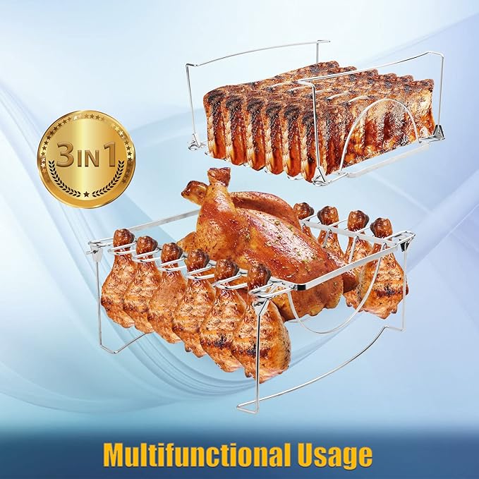 3-in-1 Rib Rack for Smoking & Chicken Leg Rack for Grill - Holds 6 Large Ribs, 12 Chicken Leg Wing, 1 Whole Chicken - Premium Foldable Space-Saving Chicken Drumstick Rib Racks for Grilling & Smoking