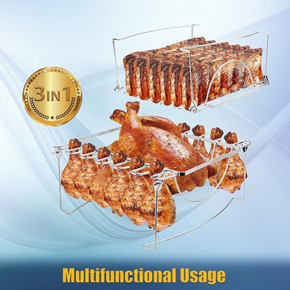 3-in-1 Rib Rack for Smoking & Chicken Leg Rack for Grill - Holds 6 Large Ribs, 12 Chicken Leg Wing, 1 Whole Chicken - Premium Foldable Space-Saving Chicken Drumstick Rib Racks for Grilling & Smoking
