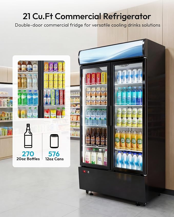 21 Cu.Ft Commercial Display Refrigerator with Double Glass Doors | LED Lightbox, 8 Adjustable Shelves, 32-50°F Digital Control, R290 Air Cooling, ETL Certified, Retail Store Use