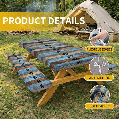 Picnic Table Cover with Bench Covers, 72 X 30 Inch Elastic Fitted Camping Tablecloth with Strap Design for 6FT Rectangle Tables, Windproof Outdoor Tablecloth Set with Storage Bag