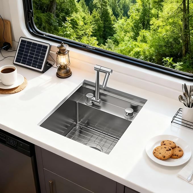 Outdoor Kitchen Sink 15x18 Inch with Foldable Faucet, Nano Silver 16 Gauge Stainless Steel Undermount Workstation Sink with Cutting Board Cover, Bottom Grid & Drain Kit