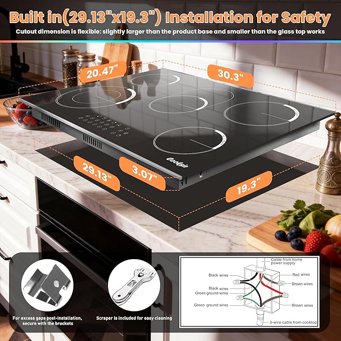 Electric Cooktop 30 Inch - 5 Burner Electric Stove Built-in(29.13"x19.3") 8400W High Power, 30 In Ceramic Stove Touch Control with Timer, Safety Lock, Glass Metal Frame, 220-240V Hard Wired