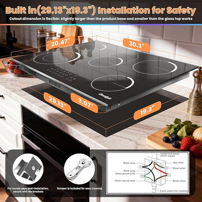 Electric Cooktop 30 Inch - 5 Burner Electric Stove Built-in(29.13"x19.3") 8400W High Power, 30 In Ceramic Stove Touch Control with Timer, Safety Lock, Glass Metal Frame, 220-240V Hard Wired