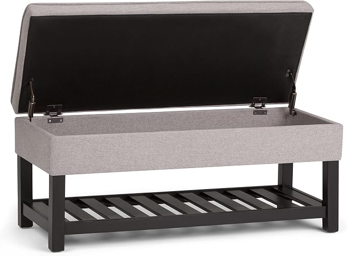 SIMPLIHOME Cosmopolitan Storage Ottoman Bench - 44 inch Wide Upholstered Linen Look Fabric Rectangle Storage Ottoman in Cloud Grey, Transitional Bench for Bedroom with Tufted Lift-Top and Open Shelf