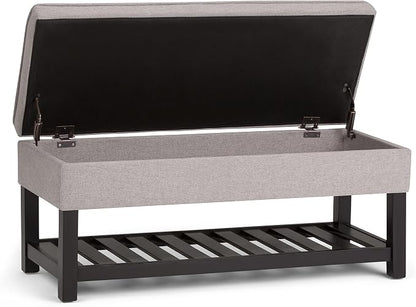 SIMPLIHOME Cosmopolitan Storage Ottoman Bench - 44 inch Wide Upholstered Linen Look Fabric Rectangle Storage Ottoman in Cloud Grey, Transitional Bench for Bedroom with Tufted Lift-Top and Open Shelf