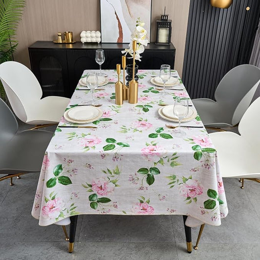 LIBERECOO Reinforced Vinyl Tablecloth with Flannel Backing Waterproof Oil-Proof Floral Plastic Table Cloth Stain-Resistant Wipeable Table Cover Not Stiff