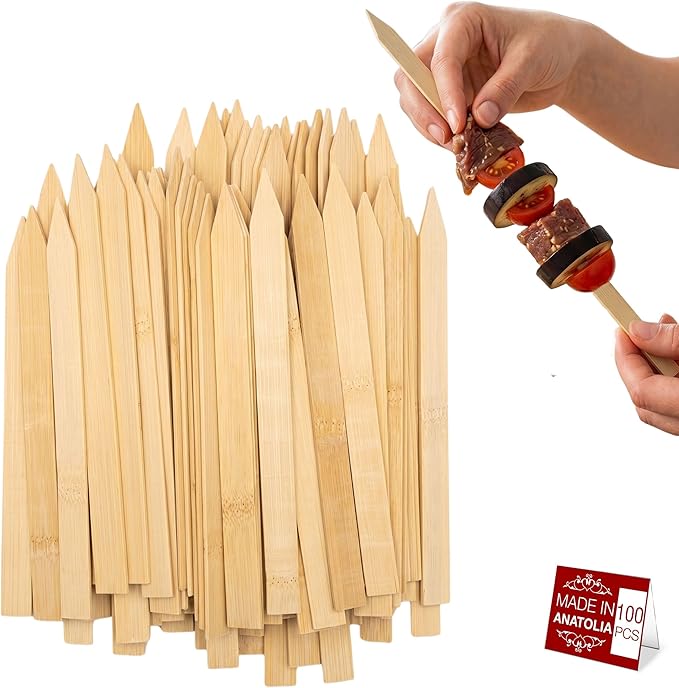 Hakan 9.8” Bamboo BBQ Skewers 100 Pcs | Flat Kabob Skewers for Grilling Meat, Vegetables & Fruit | Shish Kebob Food Sticks | Cocktail Picks, Strong Appetizer Sticks for Party & BBQ, (25 cm x 2 cm)