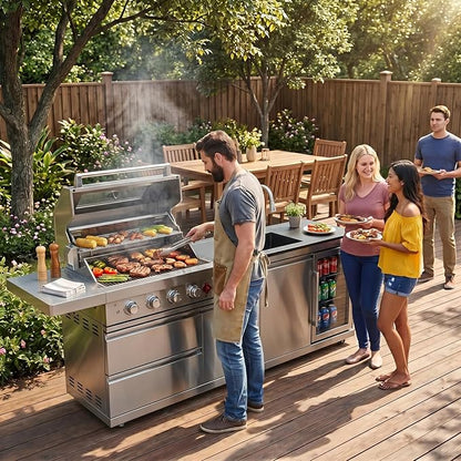 84 Inch Outdoor Kitchen Island Grill, 6 Burner 75300 BTU Stainless Steel Propane Gas Grill Island with Sink and Refrigerator, Modular BBQ Barbecue Island with Granite Countertop and Rotisserie Kit